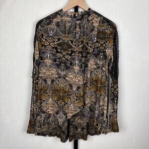 Free People Nouveau Drape Blouse Women's Medium Gold Black Lace Trim Boho Artsy